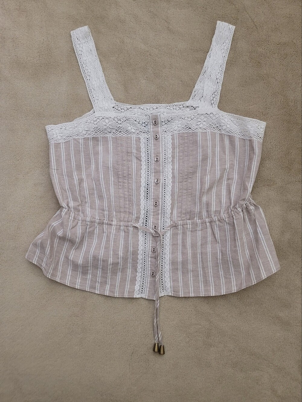 Frye Women Beige/White Lace-Trim Striped Peplum Tank Top Size Medium